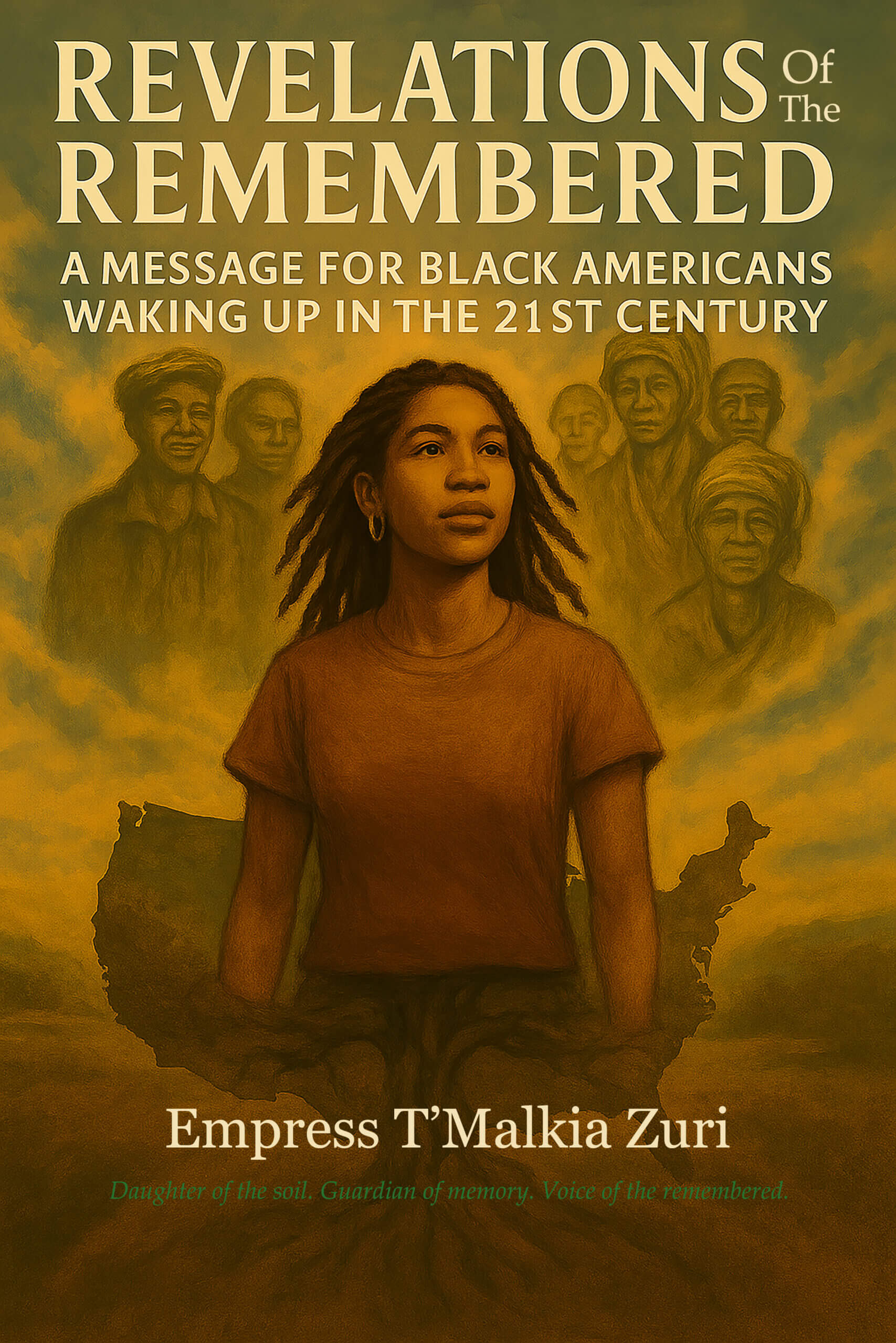 Illustrated book cover featuring a young Black woman with natural locs standing tall, her torso transforming into deep roots merging with the land. Behind her, ancestral Black American faces emerge from golden clouds. The title reads: “Revelations of the Remembered – A Message for Black Americans Waking Up in the 21st Century” by Empress T’Malkia Zuri.