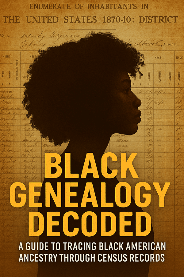 Book cover featuring the silhouette of a Black woman’s profile against a vintage 1870 U.S. Census background, titled Black Genealogy Decoded: A Guide to Tracing Black American Ancestry Through Census Records by Empress T’Malkia Zuri.
