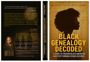 Full book cover of Black Genealogy Decoded by Empress T’Malkia Zuri, featuring the silhouette of a Black woman against an 1870 U.S. Census record background, with bold gold title text and spine, and author photo and quote on the back.