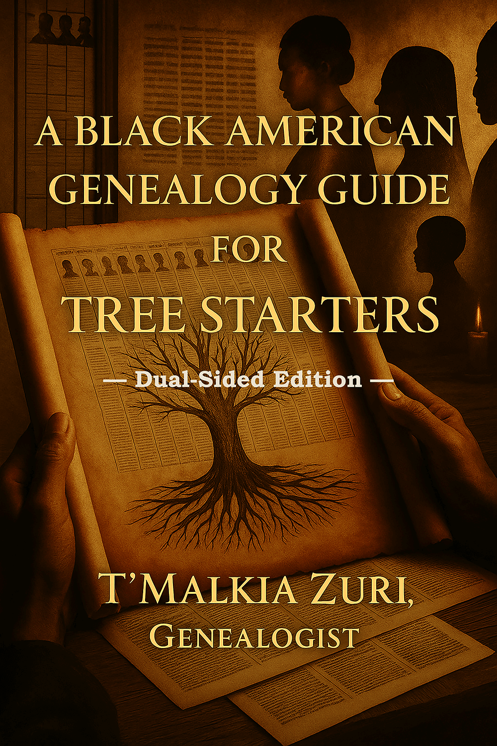 Cover of “A Black American Genealogy Guide for Tree Starters” by T’Malkia Zuri, featuring a family tree on a scroll.