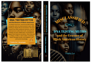 Wraparound book cover of Misclassified: The DNA Testing Myth and the Erasure of Black American History by T’Malkia Zuri, featuring bold red and black design with a DNA strand graphic.