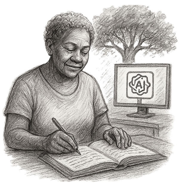 Elder Black woman writing in a book with a tree and AI screen in the background