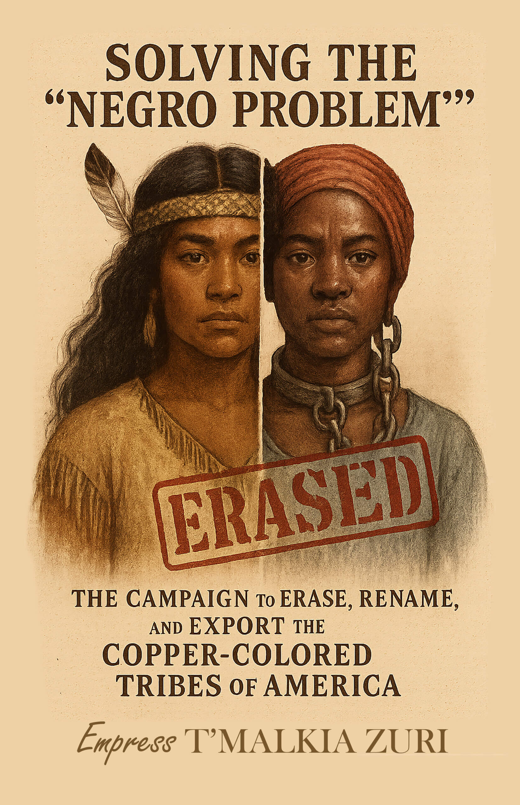 Book cover showing two Indigenous figures — one in tribal attire and one in chains — with the word “ERASED” stamped across the center.