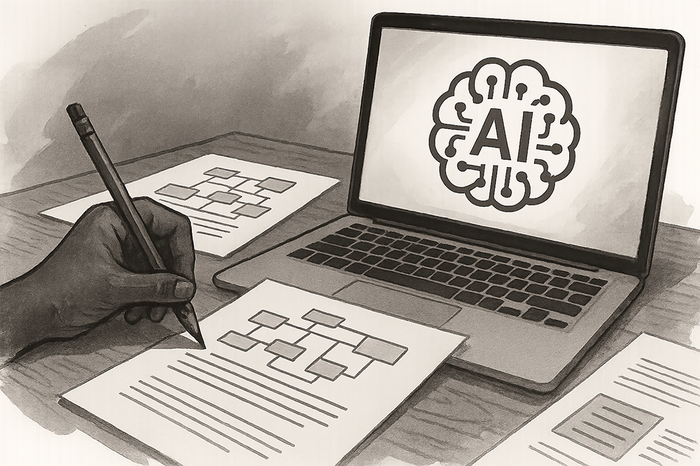 llustration of artificial intelligence tools used in genealogy research, showing a laptop with an AI symbol alongside handwritten charts and documents being analyzed and organized.