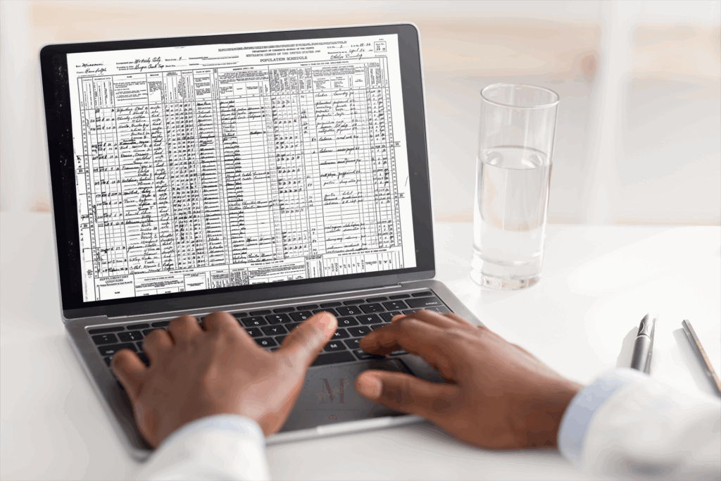 Hands of a Black researcher using a laptop to examine a historical U.S. census record, with handwritten census tables displayed on the screen during active genealogy research.