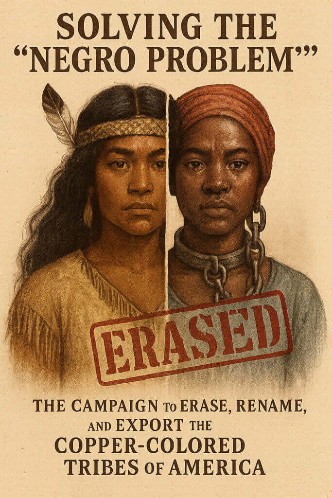 Book cover illustration showing two Black Indigenous women split down the center—one free and one in chains—with the word “ERASED” stamped across them, symbolizing the forced reclassification and erasure of Black Indigenous identity.