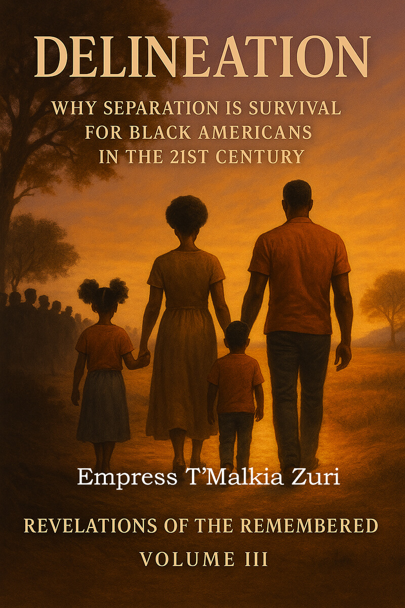 Front book cover of Delineation: Why Separation Is Survival for Black Americans in the 21st Century by Empress T’Malkia Zuri, showing a Black family walking forward together at sunset.