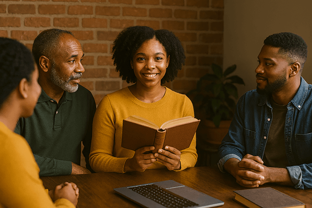 girl hoding a book sitting at the table with men