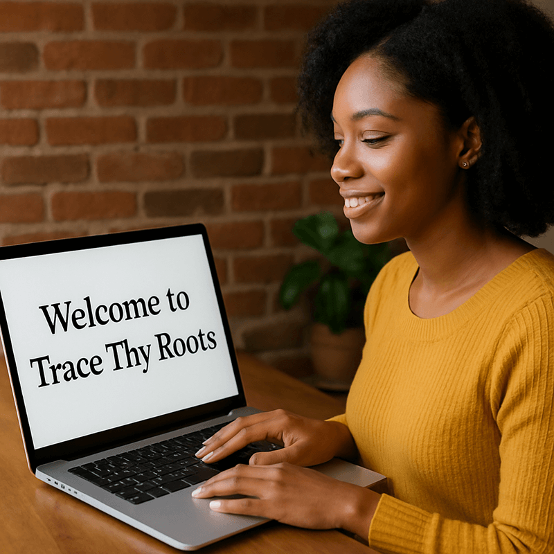 Young Black woman seated at a laptop displaying the message “Welcome to Trace Thy Roots,” representing digital genealogy research and ancestral discovery.
