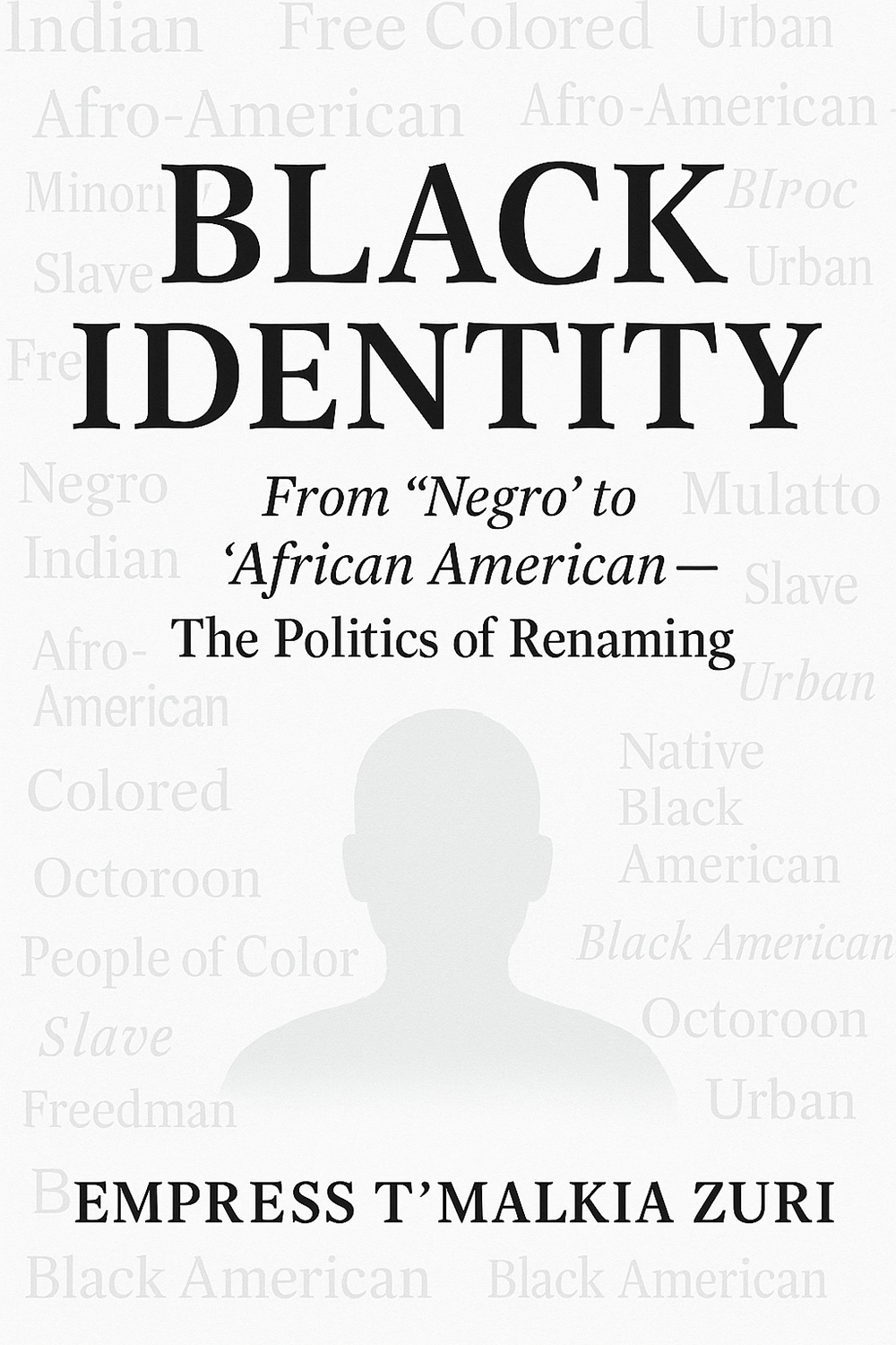 Book cover titled Black Identity: From “Negro” to African American — The Politics of Renaming by Empress T’Malkia Zuri, featuring layered historical labels and a faded human silhouette.