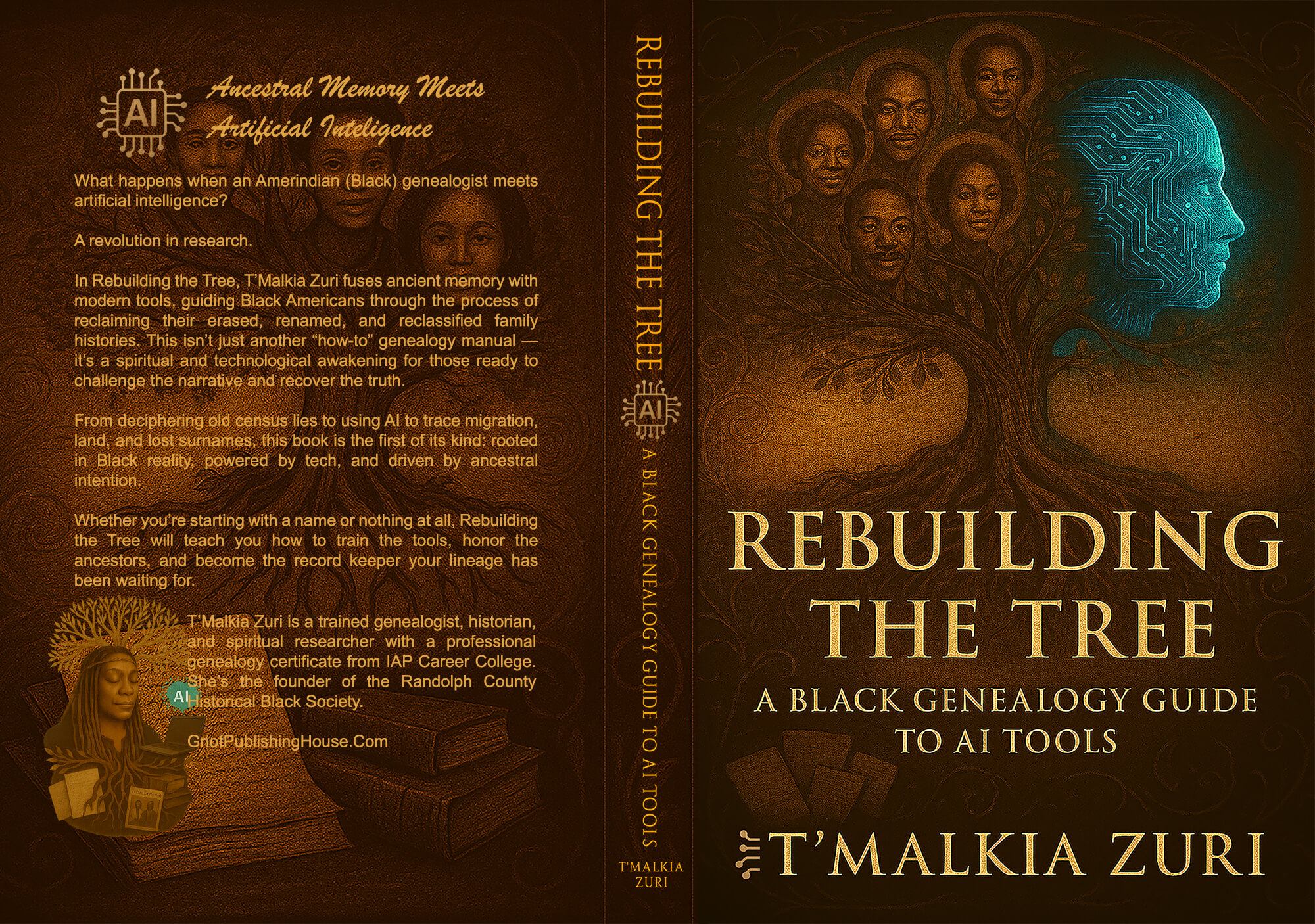 Full wrap book cover for Rebuilding the Tree: A Black Genealogy Guide to AI Tools by T’Malkia Zuri, featuring ancestral figures forming a tree and a digital human profile.