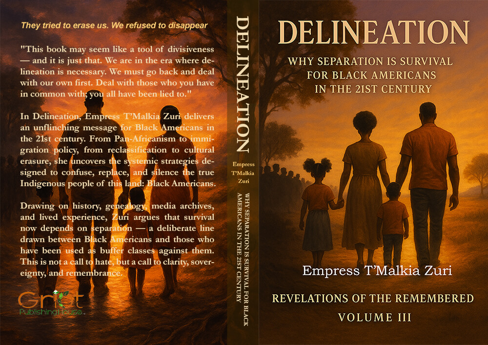 Full wrap book cover for Delineation: Why Separation Is Survival for Black Americans in the 21st Century by Empress T’Malkia Zuri, showing a Black family walking forward at sunset.