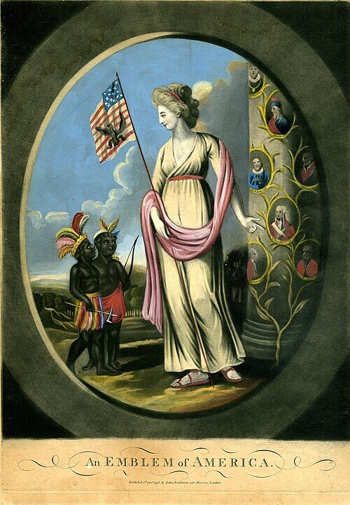 1800 Emblem of America print showing a white Columbia figure with two dark-skinned Indigenous children, symbolizing early identity erasure of Native Black Americans.