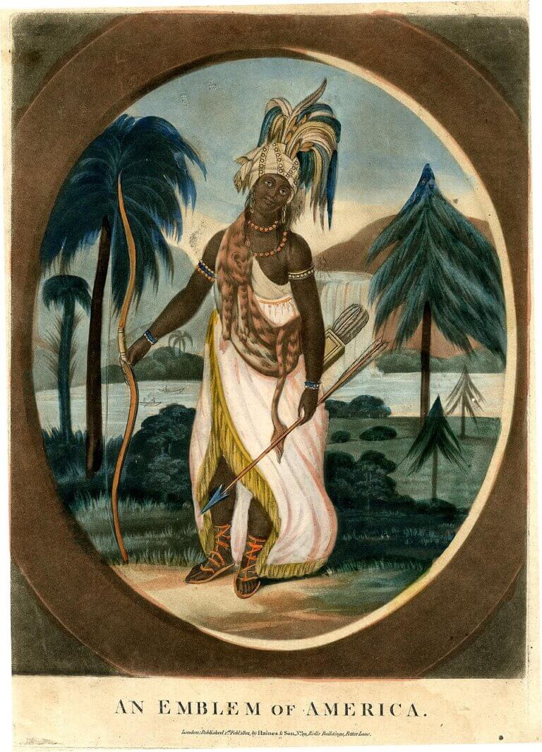 Early print of a dark-skinned female emblem of America with feathers, bow, and animal skin, representing Indigenous Black American identity before reclassification.