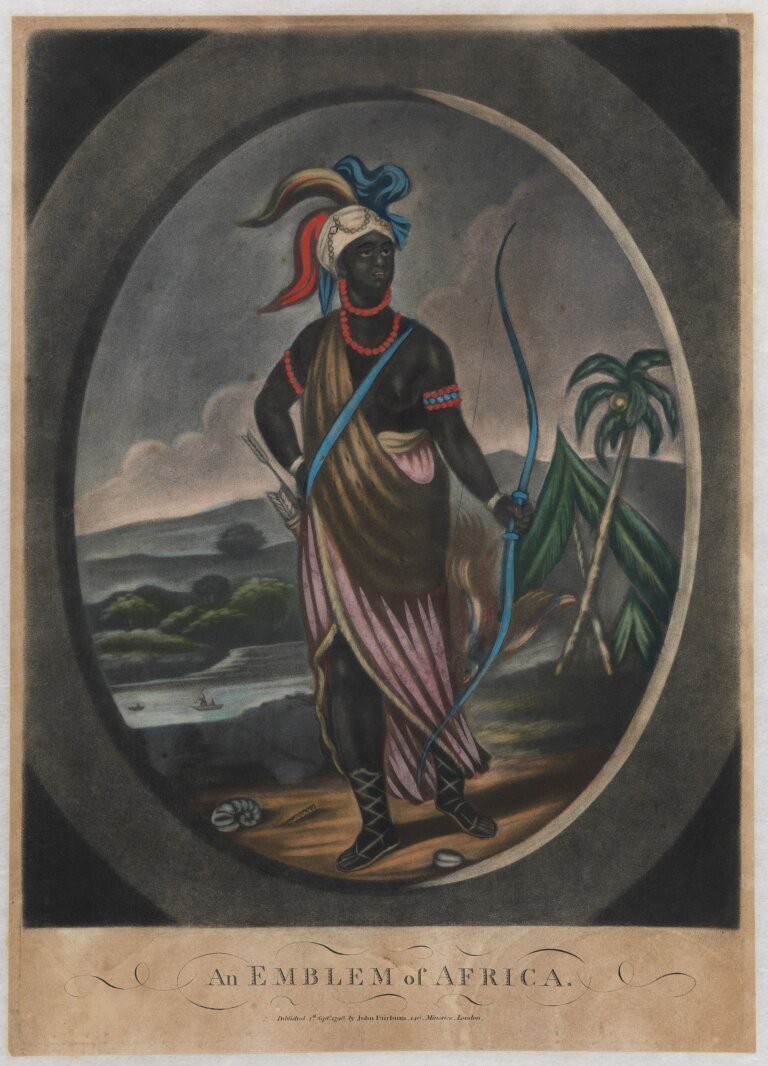 Early 19th-century Emblem of Africa print showing a dark-skinned archer with beads and feathers, used to compare African and American allegorical figures.