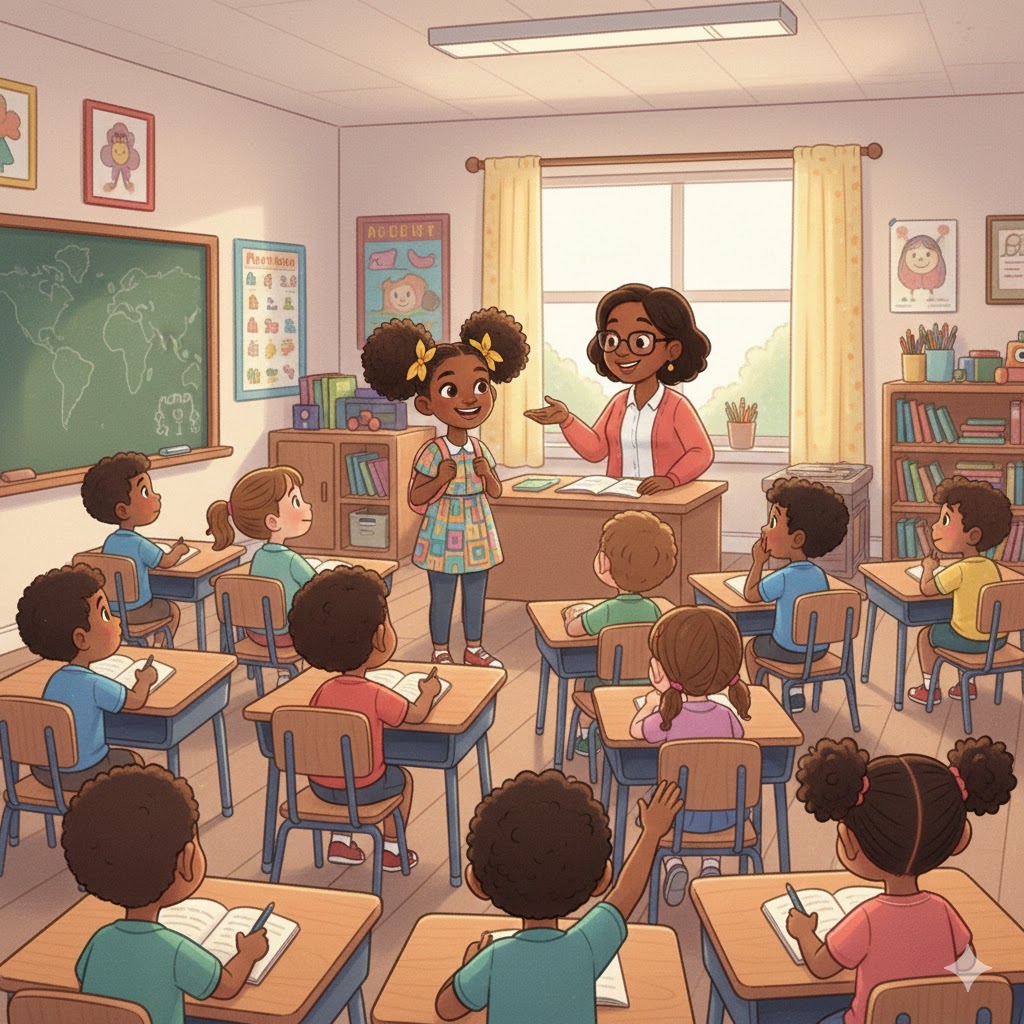 Janiyah stand in front of classroom