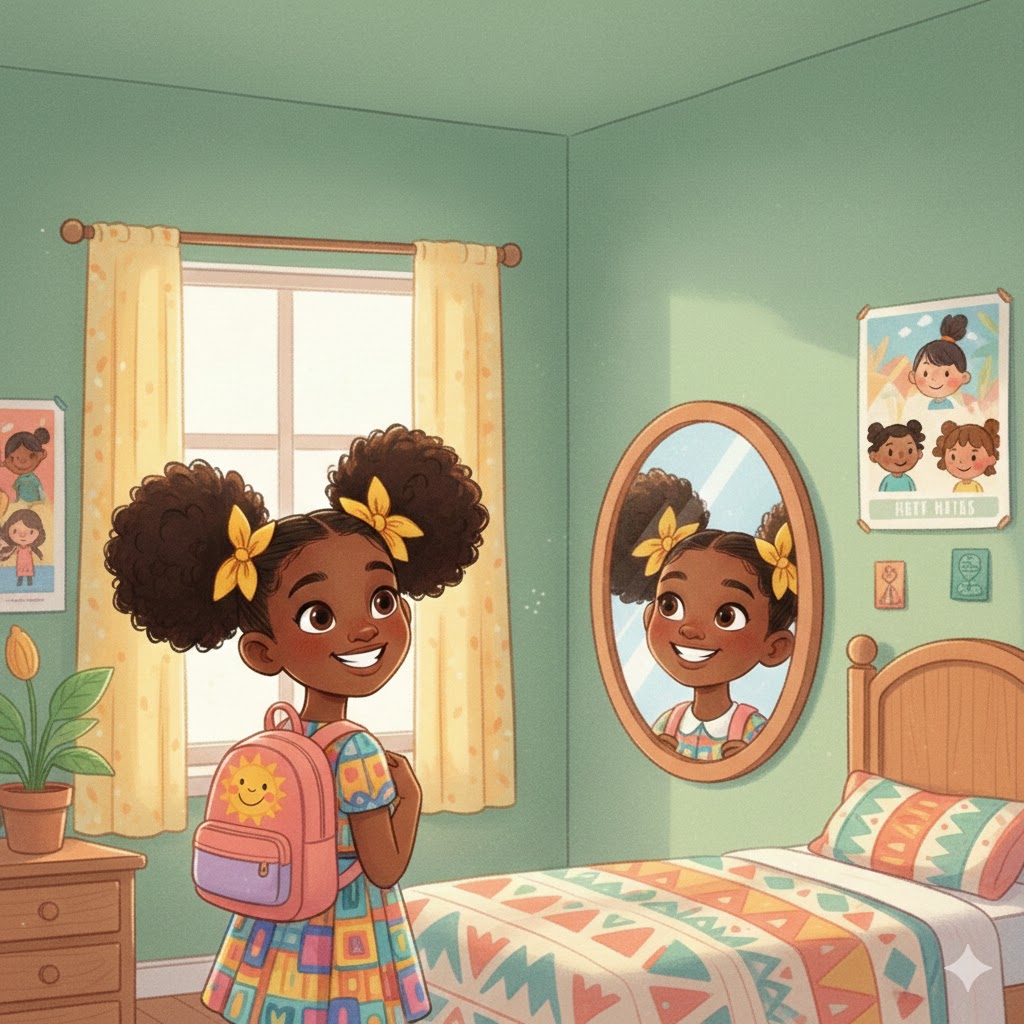 Janiyah stands in front of mirror with afro puffs